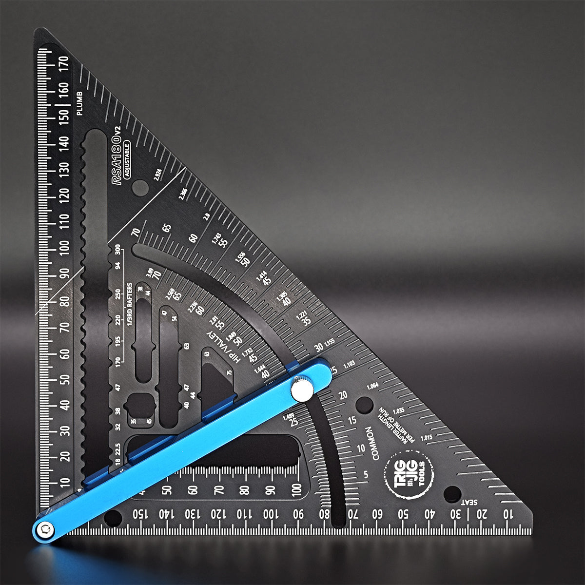 CNC engraved angles on the RSA180 Adjustable Rafter Square for long-lasting precision