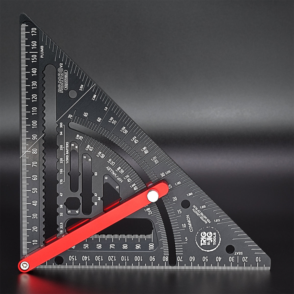 Side view of RSA180 Adjustable Rafter Square showcasing multiple scribing options