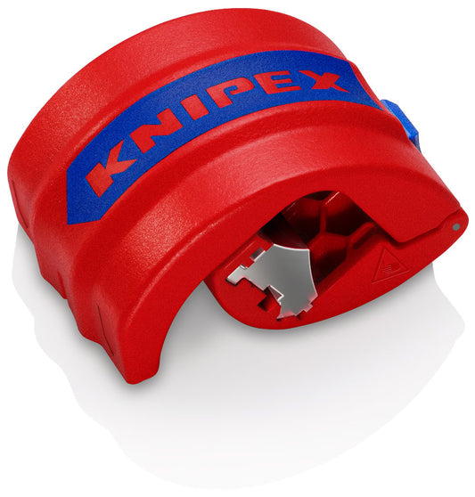 Knipex Pipe Cutter for Ø 20–50 mm plastic pipes and sealing sleeves, featuring shaving-free cutting.