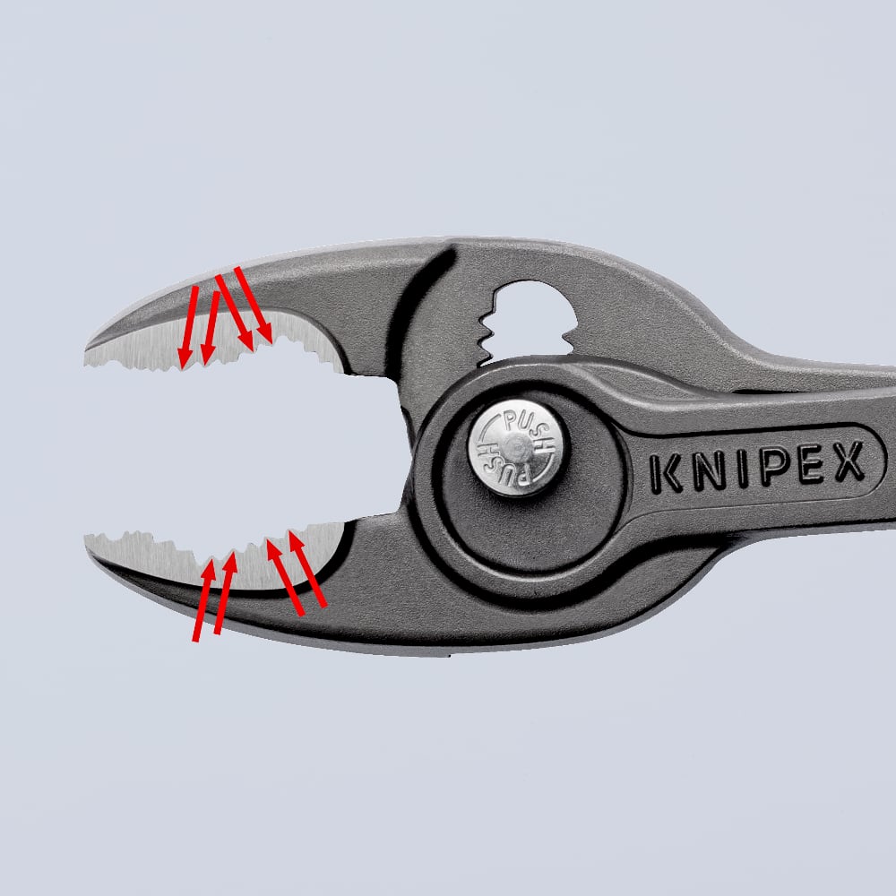 Five-way adjustable KNIPEX TwinGrip Pliers in use on stubborn fasteners.